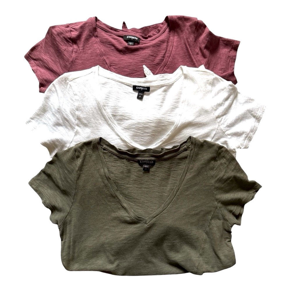Express Women's V-Neck Heather White, Olive, and Rose T-Shirts